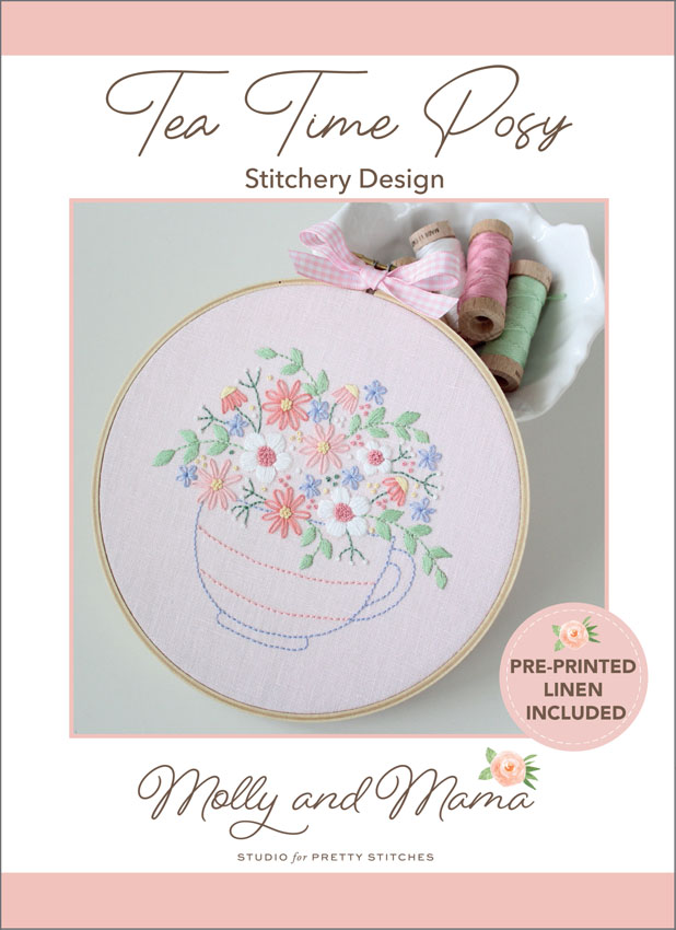 Tea Time Posy Stitchery - Includes Pre Printed Pink Linen